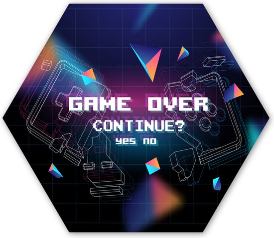 Hexagon wanddecoratie - Kunststof Wanddecoratie - Hexagon Schilderij - Gaming - Arcade - Game Over - Zwart - Blauw - Gamen - 37x32 cm