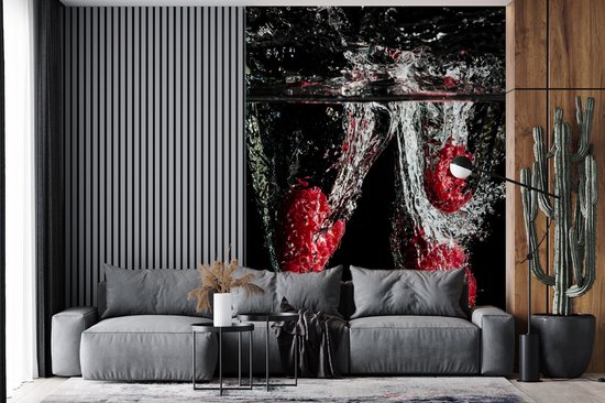 Behang - Fotobehang Frambozen - Fruit - Stilleven - Water - Zwart - Rood - Breedte 205 cm x hoogte 280 cm