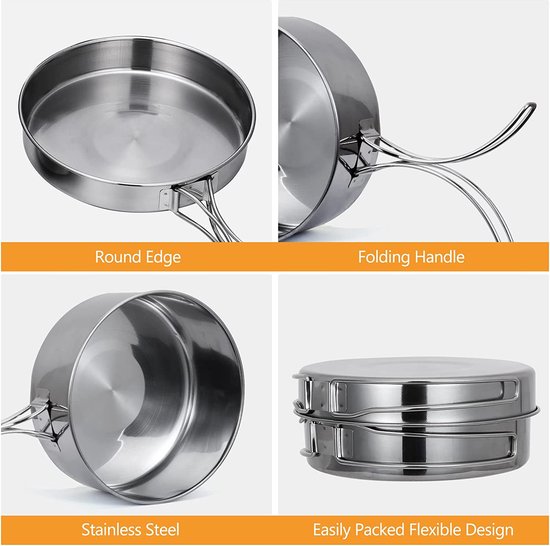 4-delig Camping Pannenset - Outdoor Pannenset - RVS - Ultra Compact & Lichtgewicht (450g) - Outdoor Kookset voor 1-2 Personen - Inklapbare Handgrepen - voor Kamperen & Backpacken - Zilver — afbeelding 4