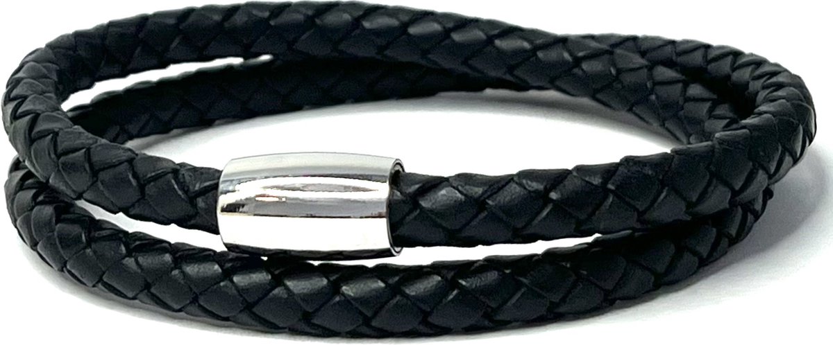 Jolla - dames armband - magneet - staal - gevlochten leer - Braided Steel - Zwart
