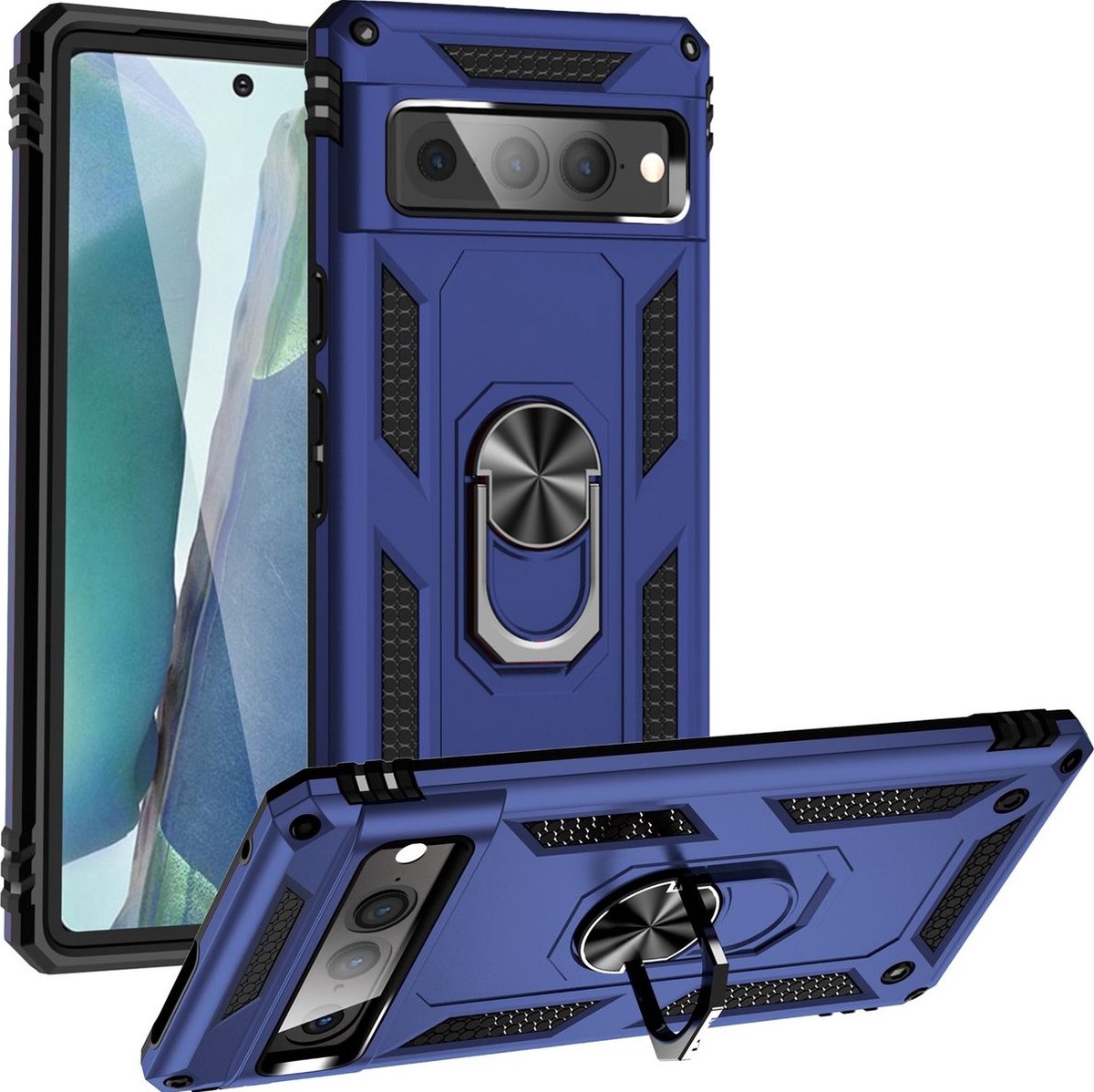 Mobigear Hoesje geschikt voor Google Pixel 7 Pro Telefoonhoesje Hardcase | Mobigear Armor Ring Backcover Shockproof met Ringhouder | Schokbestendig Pixel 7 Pro Telefoonhoesje | Anti Shock Proof - Blauw