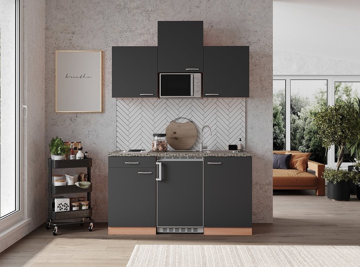 Goedkope keuken 150 cm - complete kleine keuken met apparatuur Gerda - Beuken/Grijs - elektrische kookplaat - koelkast - magnetron - mini keuken - compacte keuken - keukenblok met apparatuur