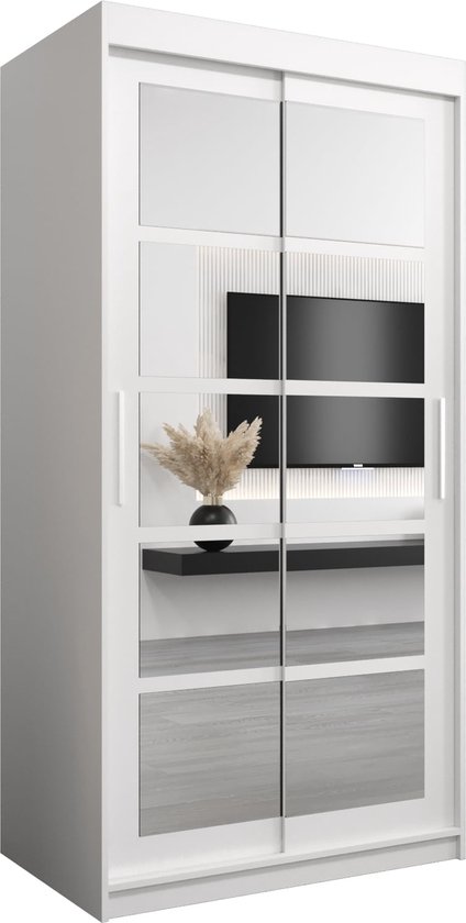 InspireMe - Kledingkast met 2 schuifdeuren, Modern-stijl, Een kledingkast met planken en een spiegel (BxHxD): 100x200x62 - VENEZIA II 100 Wit Mat