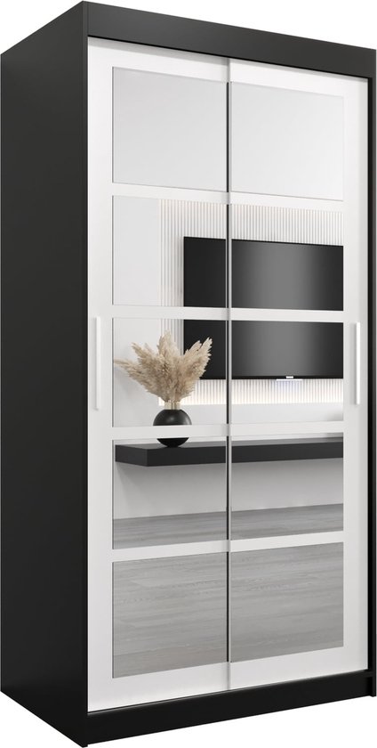 InspireMe - Kledingkast met 2 schuifdeuren, Modern-stijl, Een kledingkast met planken en een spiegel (BxHxD): 100x200x62 - VENEZIA II 100 Zwart Mat + Wit Mat met 2 lades