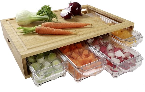 Planche à Découper En Bois Avec Récipient Et égouttoir Intégrés - Dimensions 40 X 28 Cm - 3 En 1 : Découpe, égouttage, Rangement