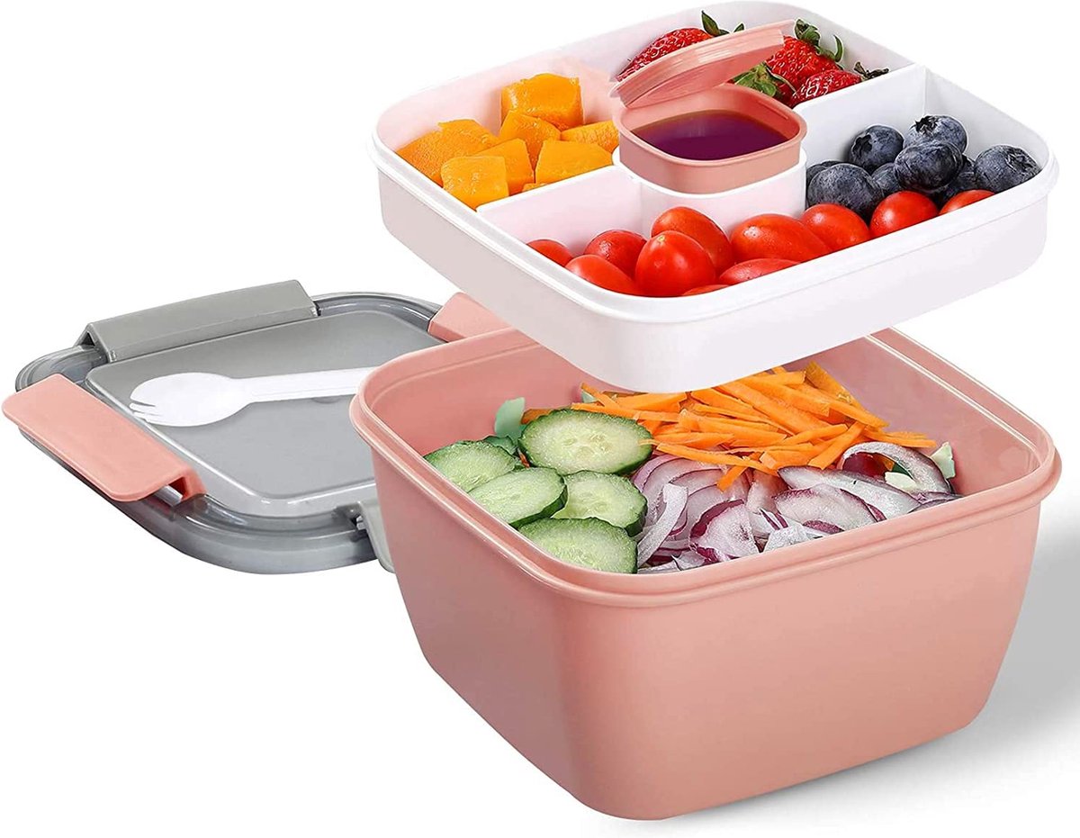 TTBAODAN Salade lunchbox container, Bento Box 1400 ml, slakom met 3 vakken, kinderen en volwassenen lekvrij / magnetronbestendig / BPA-vrij / roze