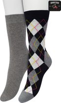 Bonnie Doon Dames Sokken set Zwart maat 36/42 - 2 paar - Effen en Geruit - Gladde Naden - Brede Boord - Uitstekend Draagcomfort - Perfecte Pasvorm - 2-pack - Multipack - Effen - Argyle - Grijs - Black - OL211122.101