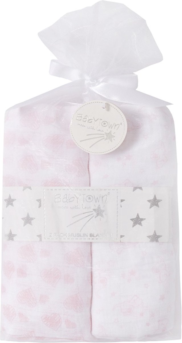 Goedkoopste Babytown 2-Pack Hydrofiele Doek 76 x 76cm Olifant & Hartjes Wit/roze- 19C206