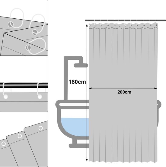 Douchegordijn Grijs 180x200cm Waterdicht AntiSchimmel Wasbaar