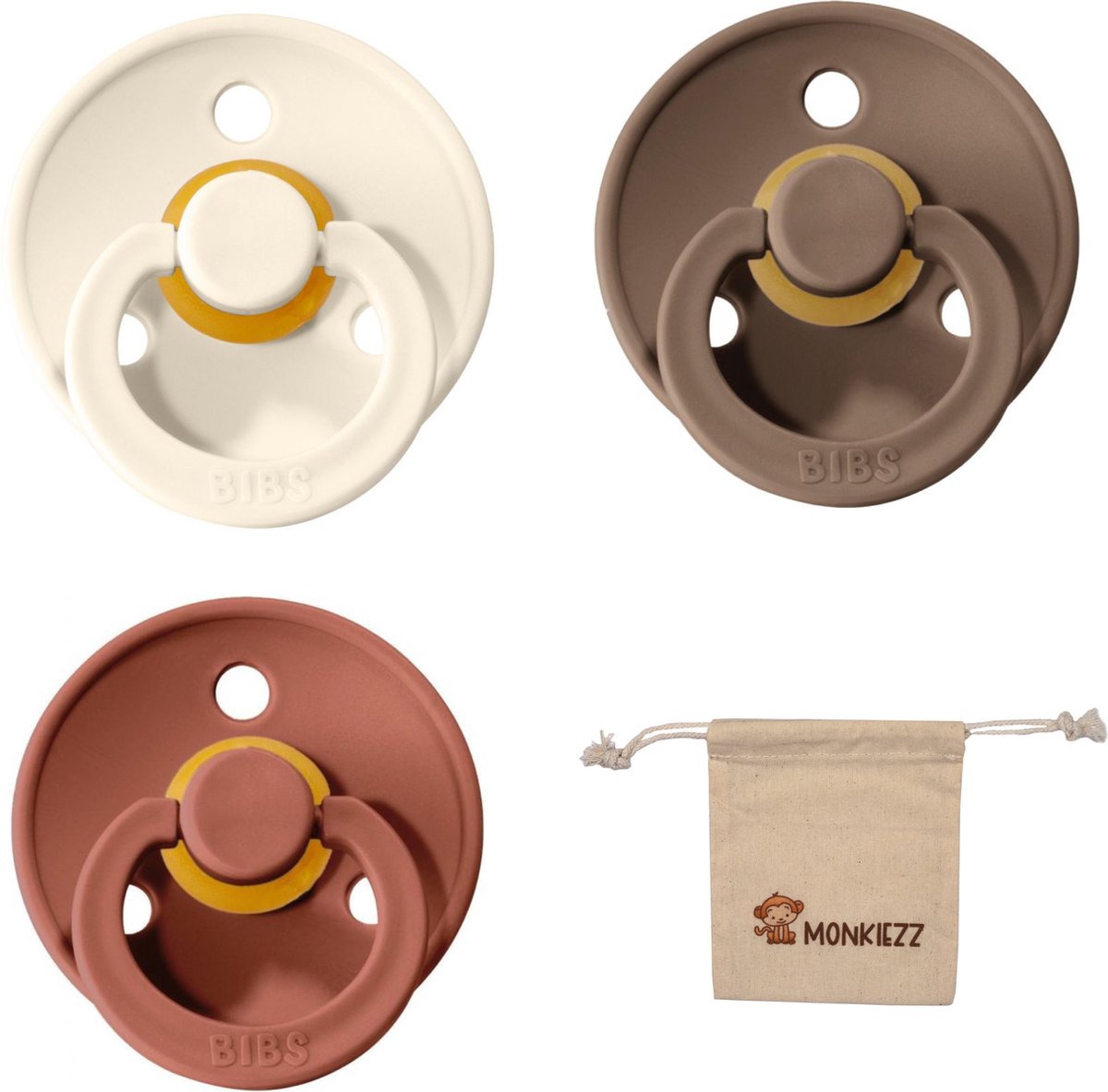 Goedkoopste Bibs fopspeen | Met Monkiezz Speenzakje - maat 2 6-18 maanden - 3 stuks - Dark Oak - woodchuck - ivory white