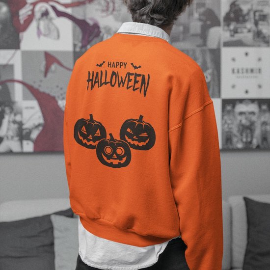 Halloween Trui - Happy Halloween Pumpkins Oranje Back (MAAT XS - UNISEKS FIT) - Halloween kostuum voor volwassenen - Dames & Heren