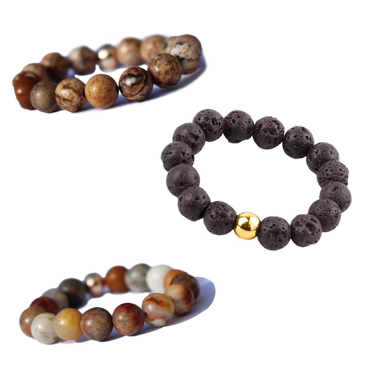 Bixorp Gems Edelstenen Ringen Set Landschap Jaspis + Lavasteen + Crazy Lace Agaat - Kralenring