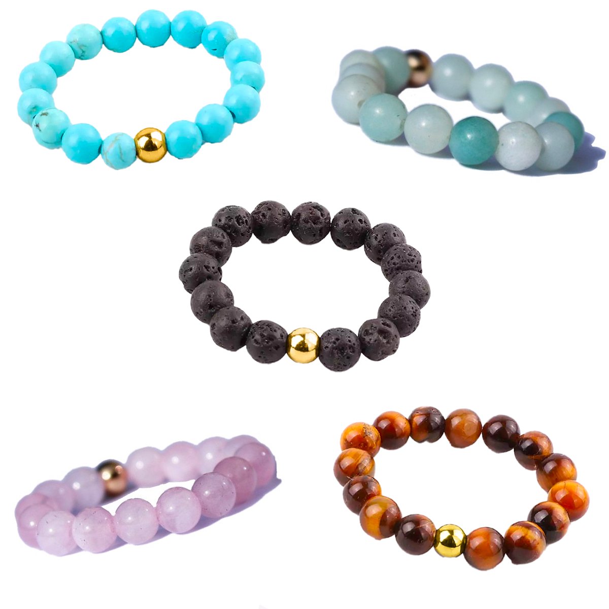 Bixorp Gems Edelstenen Ringen Set Turkoois + Amazoniet + Lavasteen + Rozenkwarts + Tijgeroog - Kralenring