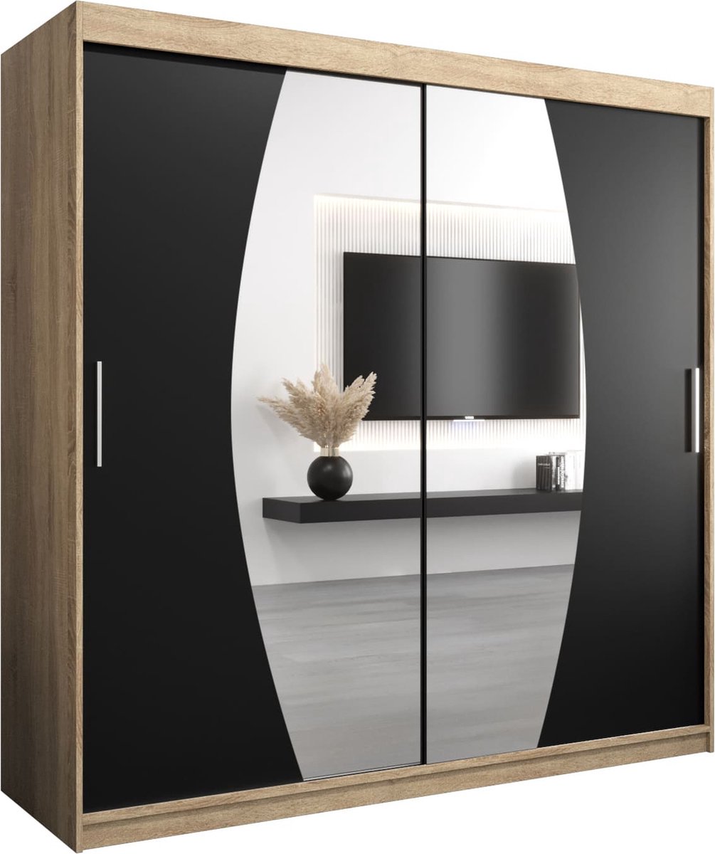 InspireME Kledingkast met 2 schuifdeuren, Modern-stijl, Een kledingkast met planken en een spiegel (BxHxD): 200x200x62 - GLOBE 200 Sonoma Eik + Zwart Mat
