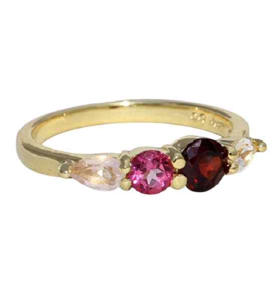 Superbe Ring en Argent Plaqué Or 14K avec Grenat, Topaze Rose et Cristal de Roche 17,75 mm. (taille 56)
