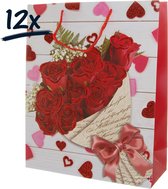 12x Stevige draagtassen LOVE Valentijn Moederdag Bloemen Rozen (26x23x12)cm zak cadeautasje gift bag verpakking