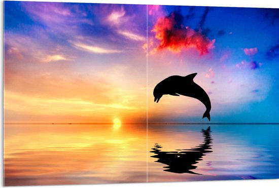 WallClassics - Acrylglas - Silhouet van Dolfijn bij Ondergaande Zon in het Water - 120x80 cm Foto op Acrylglas (Wanddecoratie op Acrylaat)