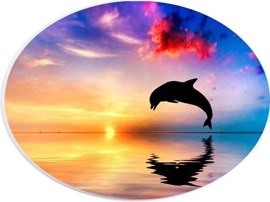 WallClassics - PVC Schuimplaat Ovaal - Silhouet van Dolfijn bij Ondergaande Zon in het Water - 28x21 cm Foto op Ovaal  (Met Ophangsysteem)