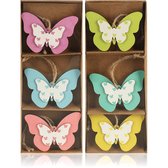 6x decoratieve hangers van hout - kleurrijke vlinders om op te hangen - houten hangers voor het paasboeket - decoratieve vlinders
