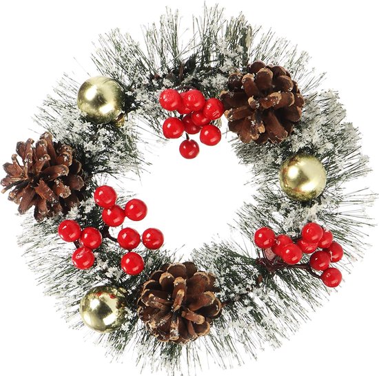Couronne De Noël Artificielle 40 Cm - Baies Rouges, Pommes De Pin, Décoration Porte, Cheminée Ou Table