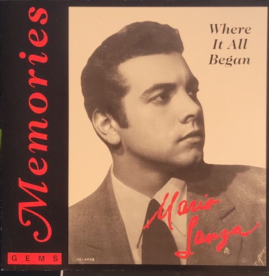 Cd-hoes met een zwart-witportret van een jonge Mario Lanza, tekst 'Memories' in rood en 'Where It All Began' in zwart.