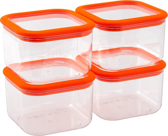 SoftBowl - Luxe Luchtdichte Voorraadpotten 4-delige Set (4x0.6LT) - Vierkante Lekvrije Voorraadbussen Set met Siliconen Deksel - Stapelbaar - BPA vrij (Beschuitbus - Snoeppot - Vershouddoos - Voedselcontainer met deksel)