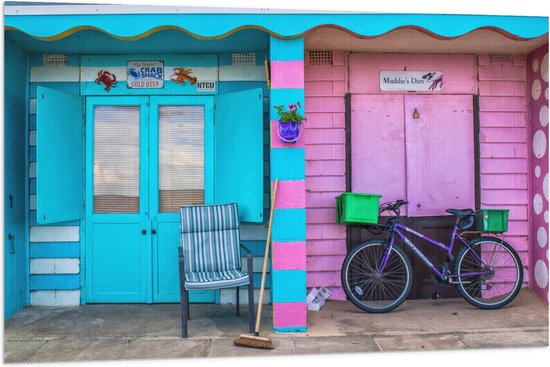 WallClassics - Drapeau - Maisons de Plage Blauw et Roses - 120x80 cm Photo sur Drapeau Polyester