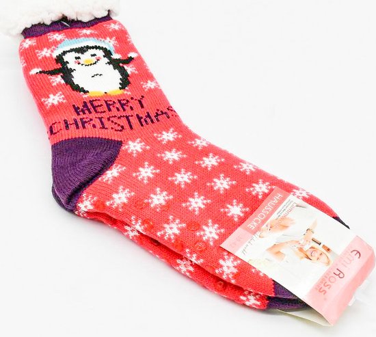 Merino Wollen Kerstsokken  - Donkerroze met Pinguïn- maat 35-38 - Kerstsokken - Huissokken - Antislip sokken - Warme sokken – Winter sokken