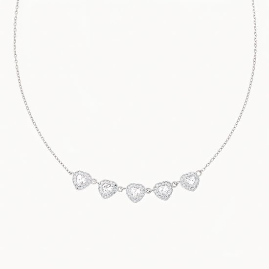 White Basis –  5 Halo Hartjes Ketting  – Wit Goud Vergulde 925 Sterling Zilver  – Halo Heart Necklace –  Valentijn & Kerst Cadeau Vrouw –  45 cm