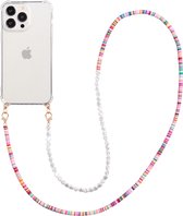 Casies Apple iPhone 14 Plus hoesje met koord - Kleurrijke kralen en parel mix ketting - Long Size - Cord Case Candy Beads Pearl