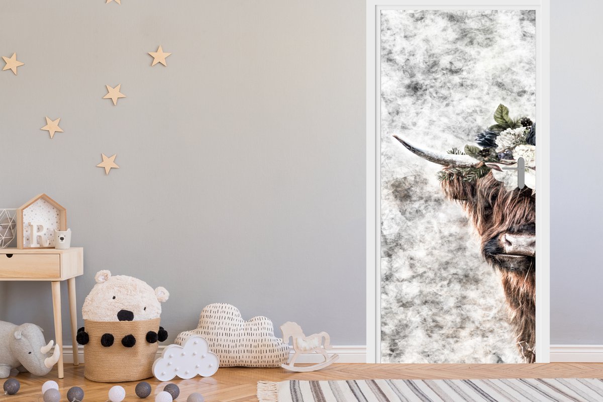 Deurposter 90x205 cm - Deursticker Schotse hooglander - Boeket - Rook - Meubelfolie zelfkl