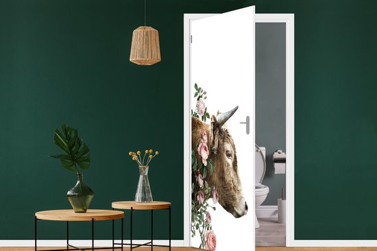 Deurposter 95x215 cm - Deursticker Schotse hooglander - Koe - Bloemen - Meubelfolie zelfklevend - Deurfolie woonkamer - Interieurfolie fotobehang - Deur plakfolie - Deurstickers - Deurbehang sticker - Kamer decoratie