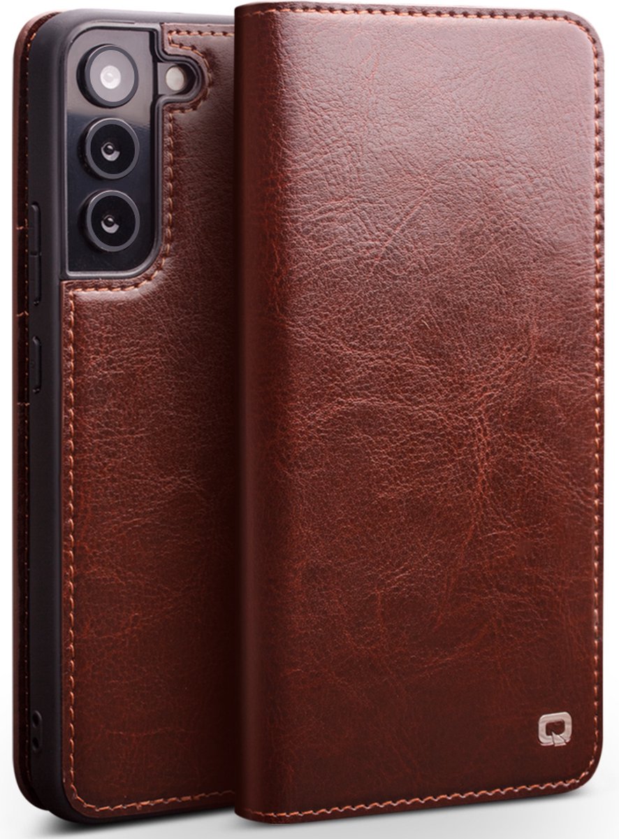 Qialino Genuine Leather Boekmodel hoesje Samsung S22 Plus - Bruin