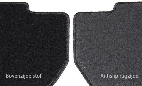 Zwart autovloermat met bovenzijde van stof en antislip rugzijde.