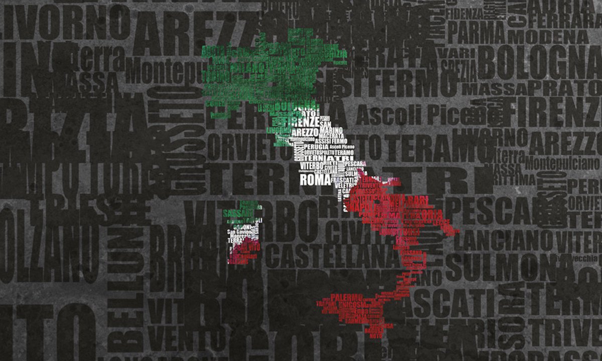 Fotobehang - Text map of Italy.