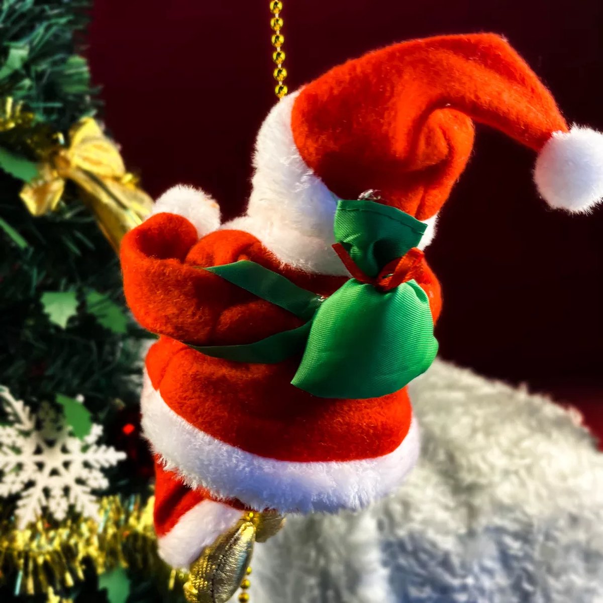Père Noël Grimpeur Animé Musical – Décor De Noël à Piles, 13 Cm, Avec Corde, Pour Sapin Ou Décoration Intérieure