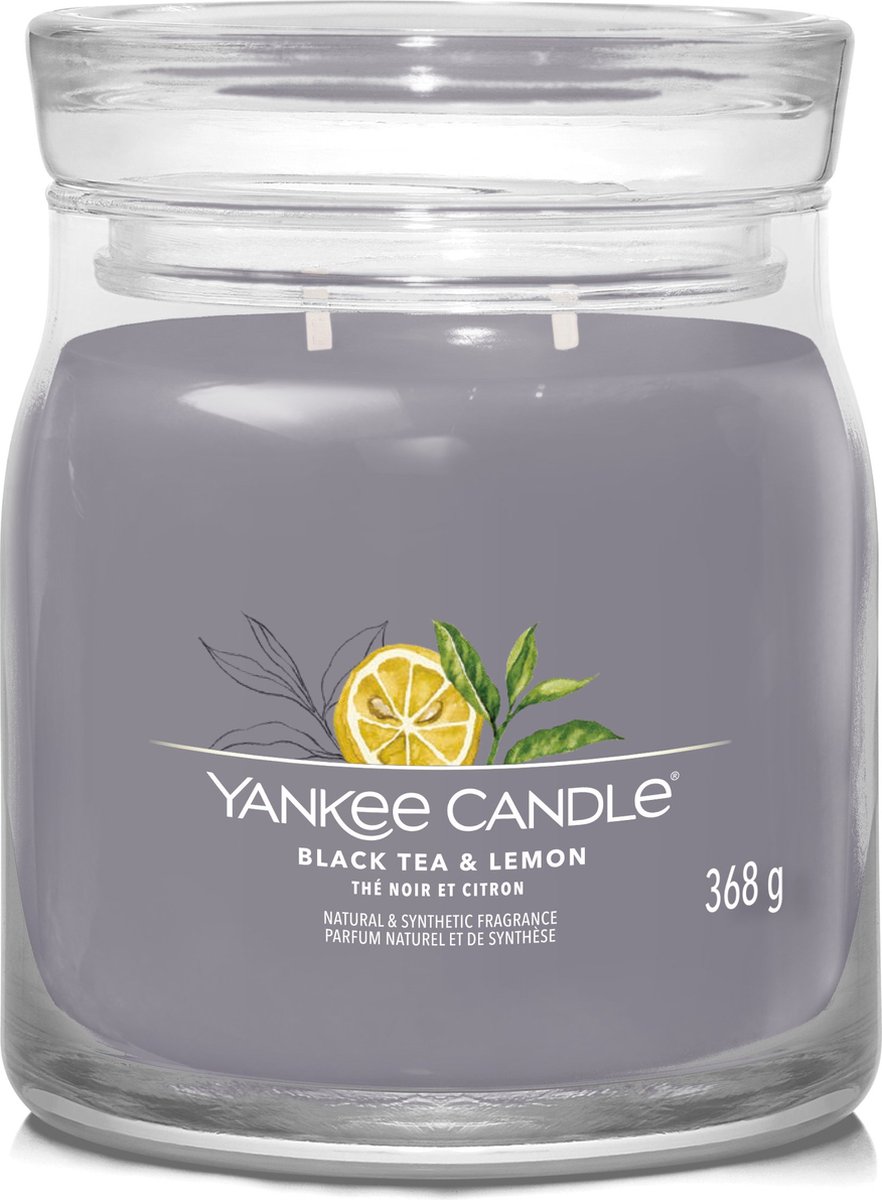 Yankee Candle Black Tea & Lemon Medium Geurkaars - 50 branduren - 2 lonten Grijs