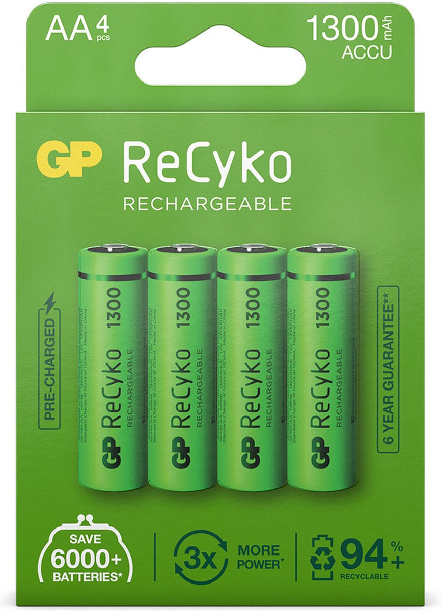 GP Batteries AA batterij Oplaadbaar GP NiMH 1300 mAh ReCyko 1,2V, 4 stuks