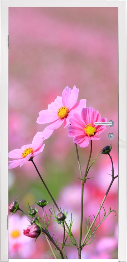 Deursticker Bloemen - Buiten - Roze - 90x215 cm - Deurposter