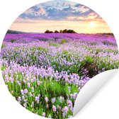 WallCircle - Muurstickers - Behangcirkel - Bloemen - Lavendel - Paars - Lucht - Zonsondergang - Weide - Natuur - 140x140 cm - Muurcirkel - Zelfklevend - Ronde Behangsticker