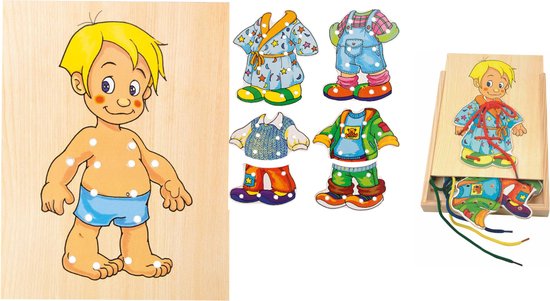 Afbeelding van het spel Aankleed jongen - Dress up boy - Hout - Leerzaam - Educatief - Creatief - Fijne motoriek - Woody - Kinderen - Aankleden - Houten pop - Rijgen - Veter - Puzzel - Wardrobe boy - Stringing wardrobe boy - Cadeau