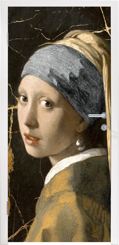 Sticker de porte « Jeune fille à la boucle d'oreille en perle » - Marbre - Or - 90 x 205 cm - Poster de porte