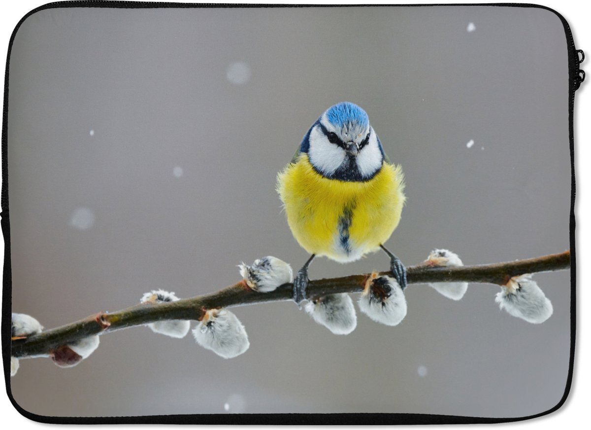 Laptophoes 14 inch - Pimpelmees - Vogel - Tak - Geel - Blauw - Laptop sleeve - Binnenmaat 33x23 cm - Zwarte achterkant