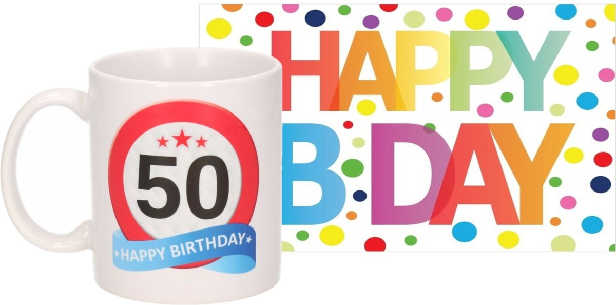 Verjaardag cadeau mok/beker 50 jaar print 300 ml + A5-size wenskaart Happy Birthday