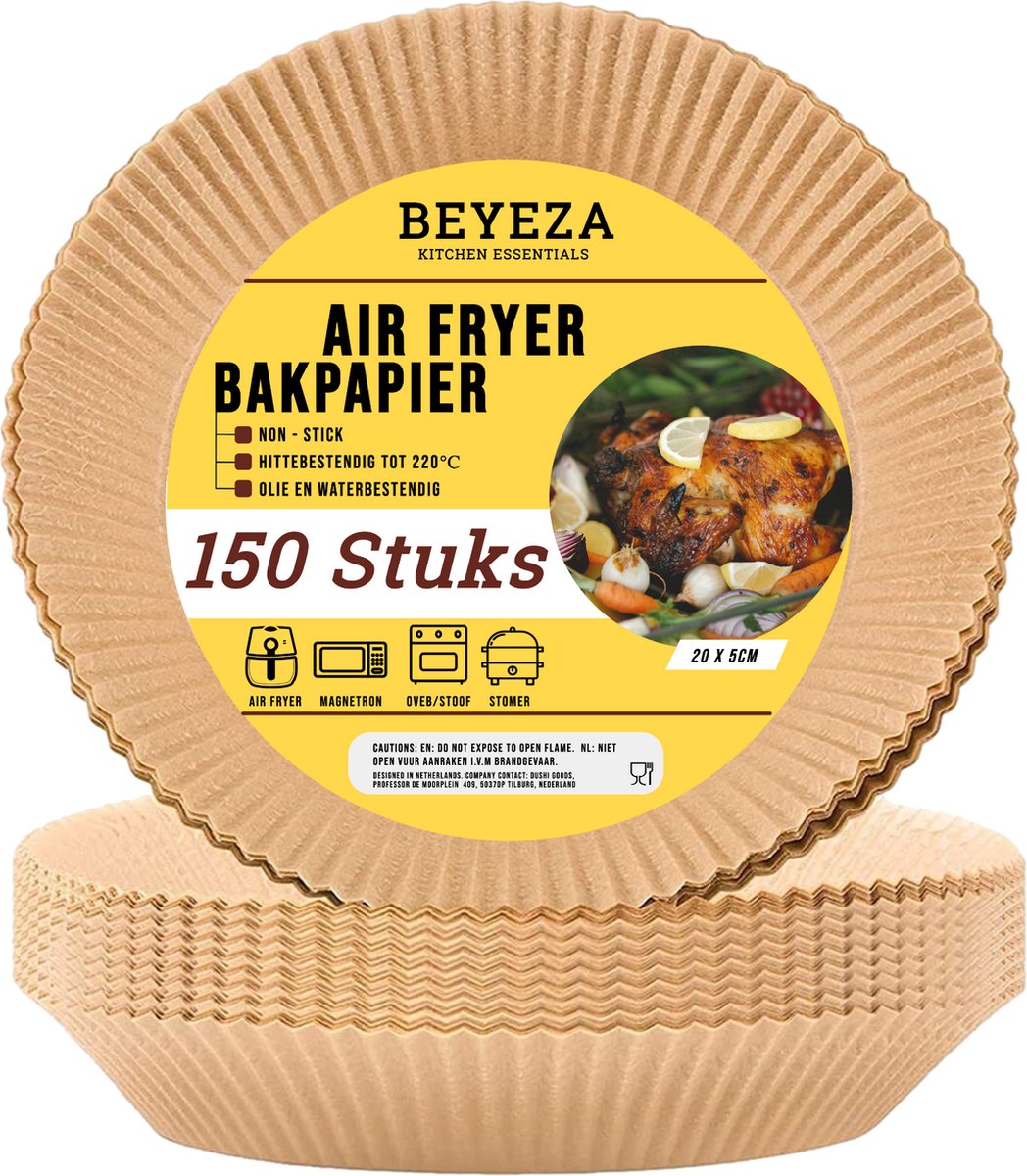 Beyeza Airfryer Bakpapier - Airfryer Accesoires - Airfryer Wegwerpbakjes (150 stuks!)- Airfryer papier wegwerpbakjes - Airfryer Bakjes - ⌀20 cm