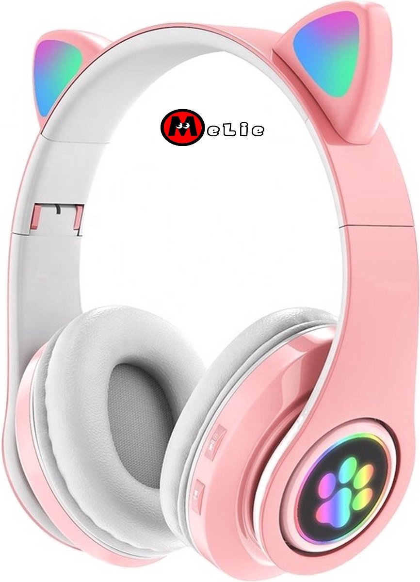 Kinder Hoofdtelefoon-Draadloze Koptelefoon-Kids Headset-Over Ear-Bluetooth-RGB-Microfoon-Katten Oortjes-Led Verlichting-Roze