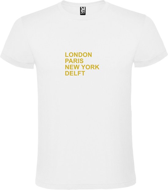 Wit T-shirt 'LONDON, PARIS, NEW YORK, DELFT' Goud Maat XS
