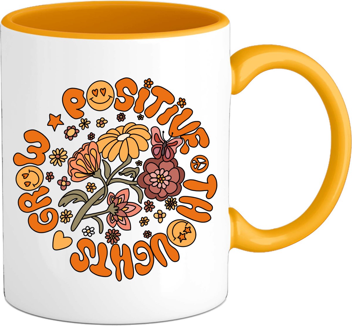 Flower Power - Grow Positive Thoughts - Vintage Aesthetic - Mok - Geel