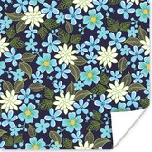 Poster Bloemen - Bladeren - Blauw - 75x75 cm