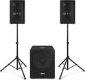 Zwarte Vonyx subwoofer met twee actieve luidsprekers op luidsprekerstandaards.